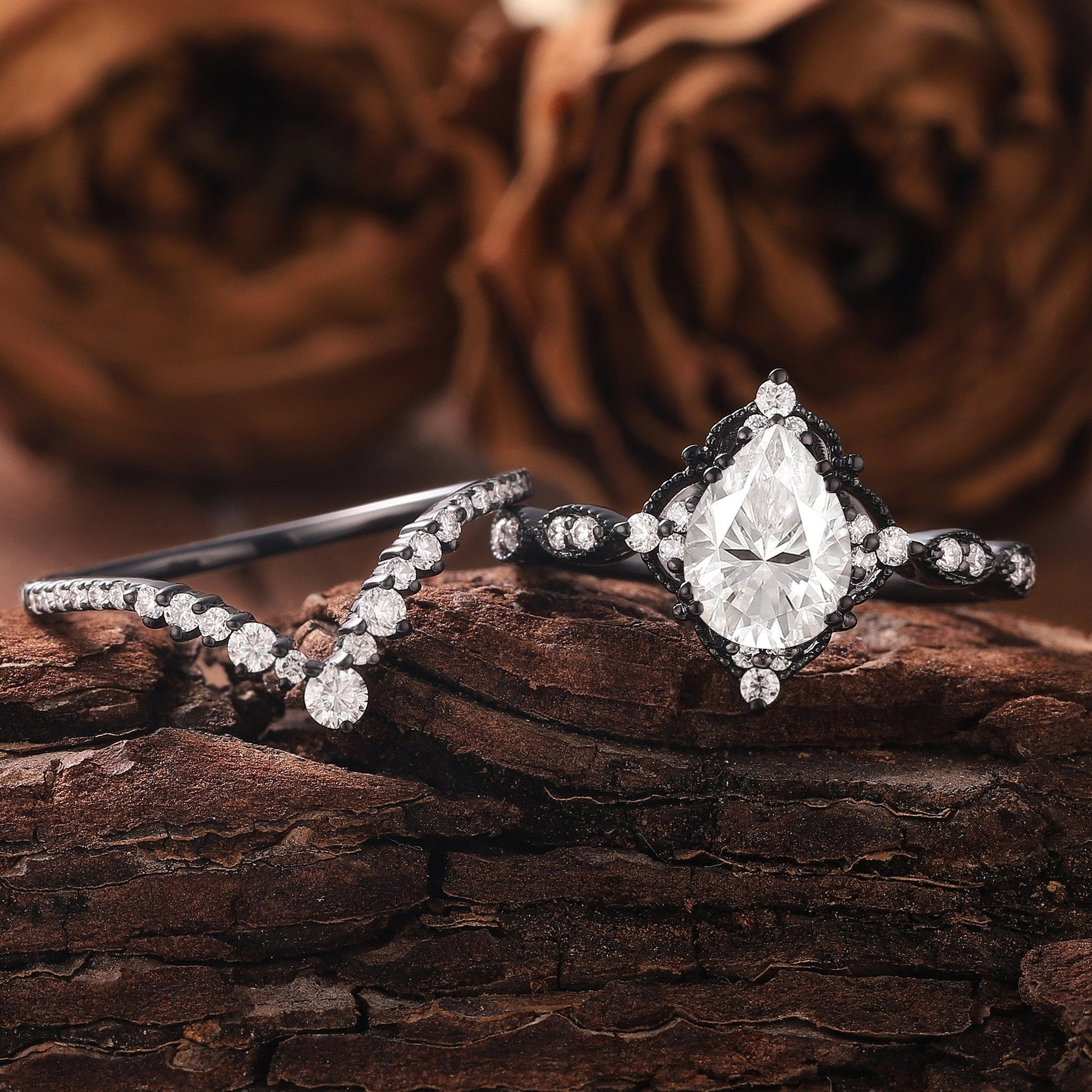 Vintage Nature - Inspired Rose Gold Pear Moissanite Engagement Ring Set Bridal Set - anerjuly