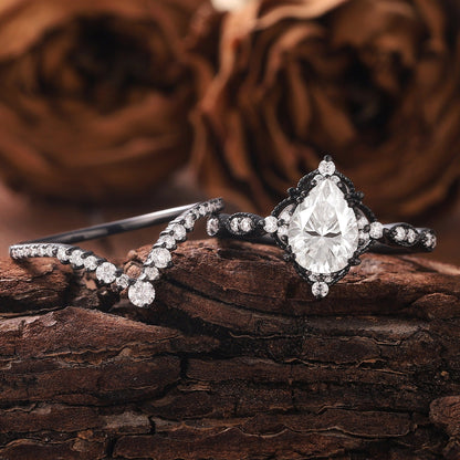 Vintage Nature - Inspired Rose Gold Pear Moissanite Engagement Ring Set Bridal Set - anerjuly
