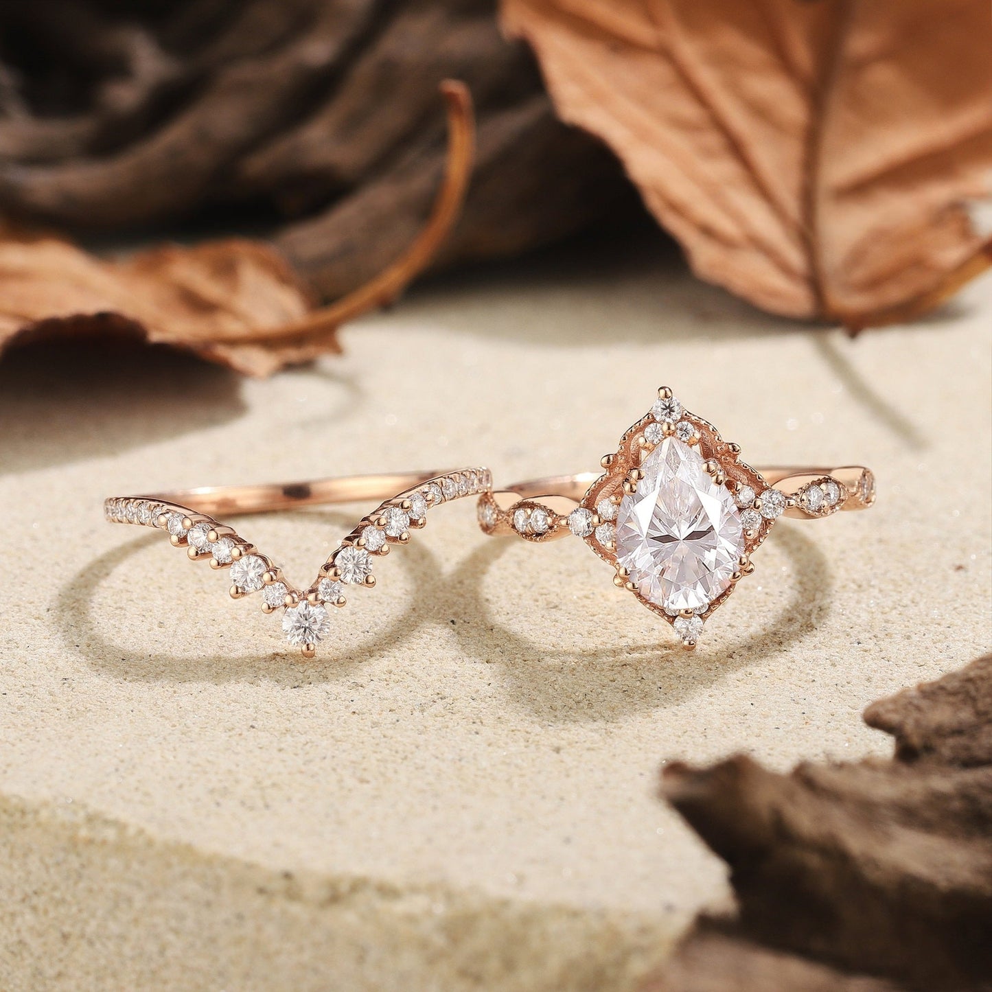 Vintage Nature - Inspired Rose Gold Pear Moissanite Engagement Ring Set Bridal Set - anerjuly