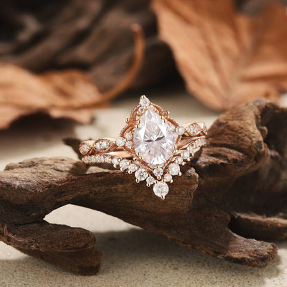 Vintage Nature - Inspired Rose Gold Pear Moissanite Engagement Ring Set Bridal Set - anerjuly