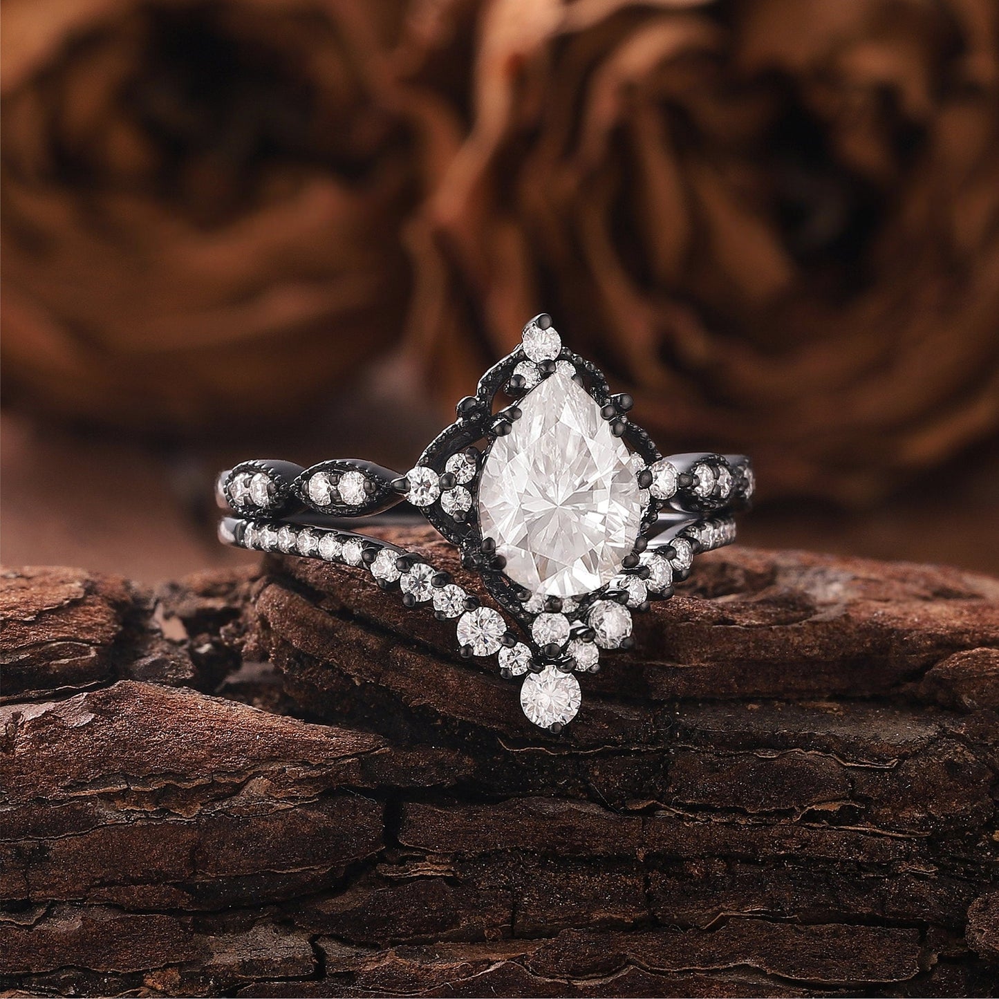 Vintage Nature - Inspired Rose Gold Pear Moissanite Engagement Ring Set Bridal Set - anerjuly