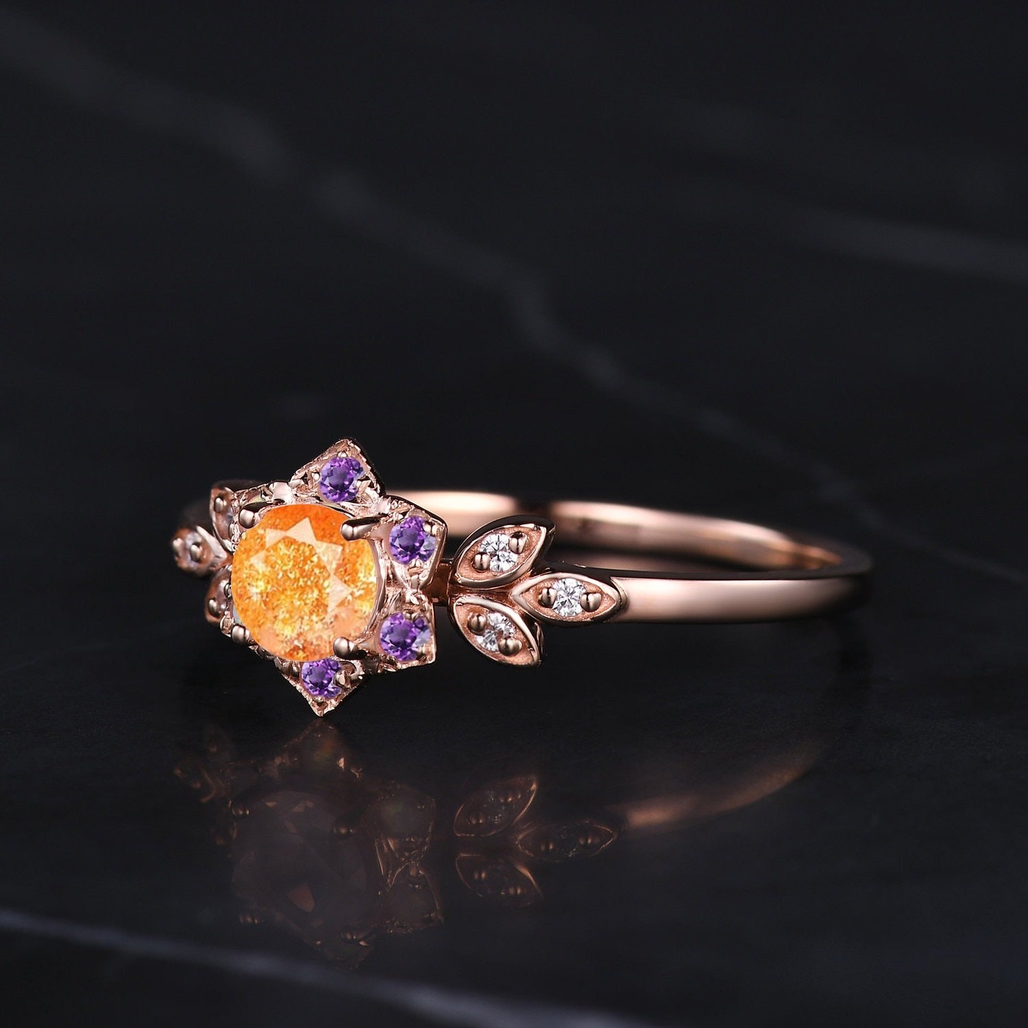 Vintage Orange Sunstone Flower Leaf Engagement Ring Wedding Ring Art Deco Promise Ring Gift Women - anerjuly