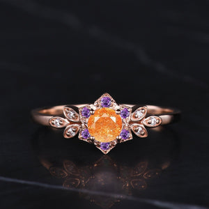 Vintage Orange Sunstone Flower Leaf Engagement Ring Wedding Ring Art Deco Promise Ring Gift Women - anerjuly