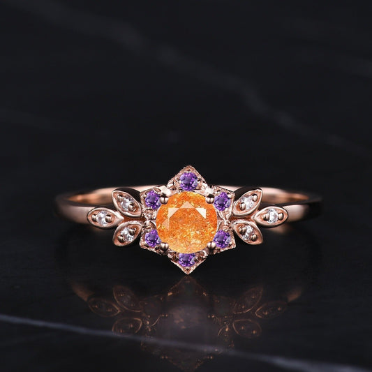 Vintage Orange Sunstone Flower Leaf Engagement Ring Wedding Ring Art Deco Promise Ring Gift Women - anerjuly