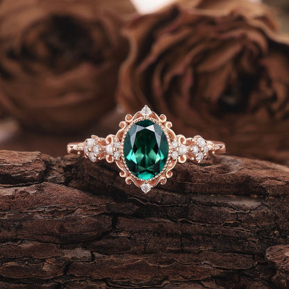 Vintage Oval Emerald and Diamond Engagement Ring, Unique Crown Emerald Wedding Ring Art Deco May Birthstone Promise Ring - anerjuly