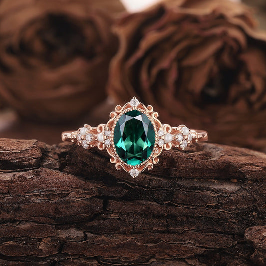Vintage Oval Emerald and Diamond Engagement Ring, Unique Crown Emerald Wedding Ring Art Deco May Birthstone Promise Ring - anerjuly