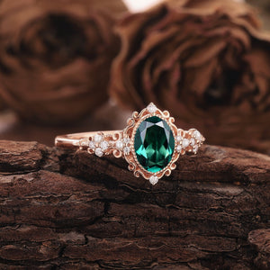 Vintage Oval Emerald and Diamond Engagement Ring, Unique Crown Emerald Wedding Ring Art Deco May Birthstone Promise Ring - anerjuly