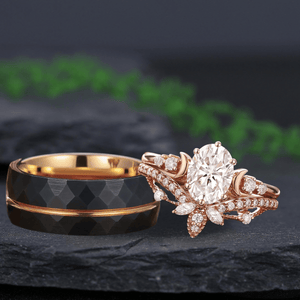 Vintage Oval - shaped Moissanite Bridal Set Couple Ring Set His and Her Engagement Ring - anerjuly