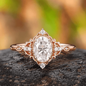 Vintage Oval Shaped Moissanite Engagement Ring Cluster Ring Art Deco Rose Gold Ring Anniversary Gift for Her - anerjuly