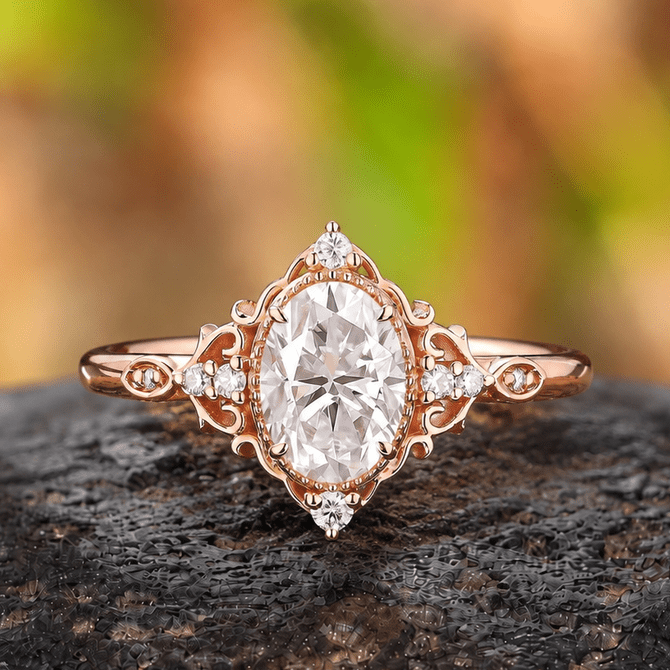 Vintage Oval Shaped Moissanite Engagement Ring Cluster Ring Art Deco Rose Gold Ring Anniversary Gift for Her - anerjuly
