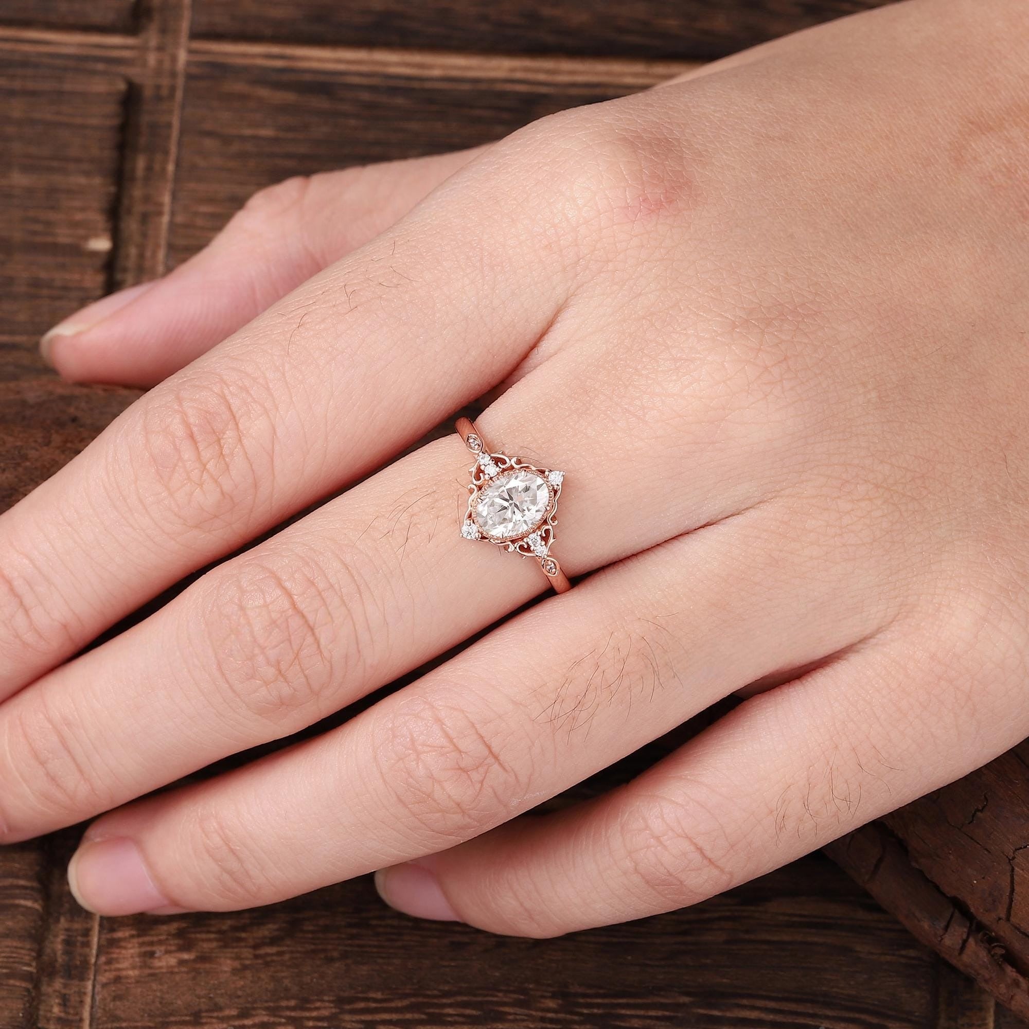 Vintage Oval Shaped Moissanite Engagement Ring Cluster Ring Art Deco Rose Gold Ring Anniversary Gift for Her - anerjuly
