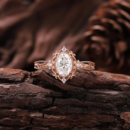 Vintage Oval Shaped Moissanite Engagement Ring Gold Ring Floral Wedding Ring Art Deco Filigree Women Anniversary Gift - anerjuly
