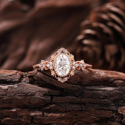 Vintage Oval Shaped Moissanite Engagement Ring Rose Gold Floral Wedding Ring Art Deco Wedding Rings For Women Anniversary Gift - anerjuly
