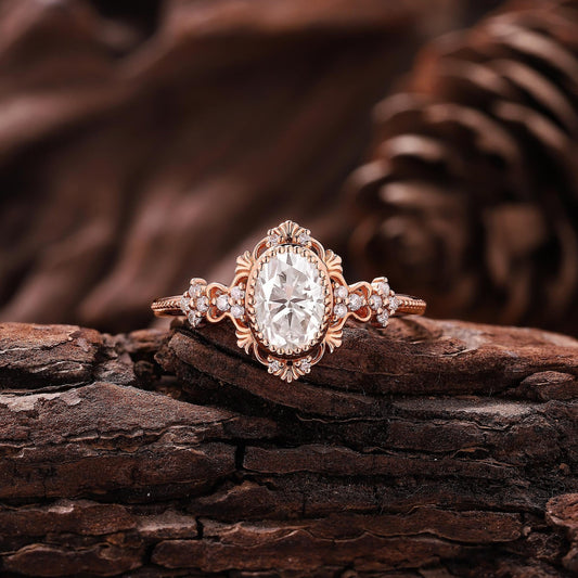Vintage Oval Shaped Moissanite Engagement Ring Rose Gold Floral Wedding Ring Art Deco Wedding Rings For Women Anniversary Gift - anerjuly