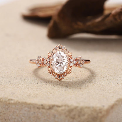 Vintage Oval Shaped Moissanite Engagement Ring Rose Gold Floral Wedding Ring Art Deco Wedding Rings For Women Anniversary Gift - anerjuly