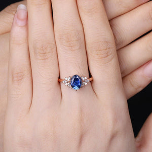 Vintage Oval Shaped Royal Blue Sapphire Engagement Ring Set Rose Gold Leaf Promise Ring - anerjuly