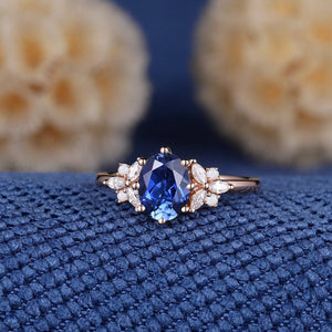 Vintage Oval Shaped Royal Blue Sapphire Engagement Ring Set Rose Gold Leaf Promise Ring - anerjuly
