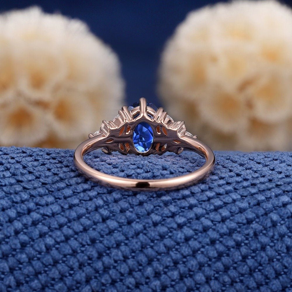Vintage Oval Shaped Royal Blue Sapphire Engagement Ring Set Rose Gold Leaf Promise Ring - anerjuly
