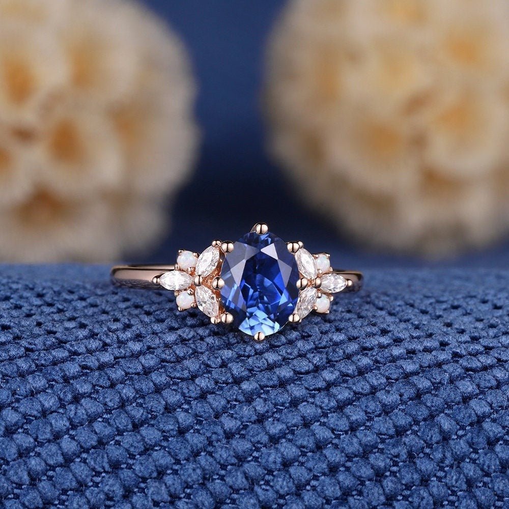 Vintage Oval Shaped Royal Blue Sapphire Engagement Ring Set Rose Gold Leaf Promise Ring - anerjuly