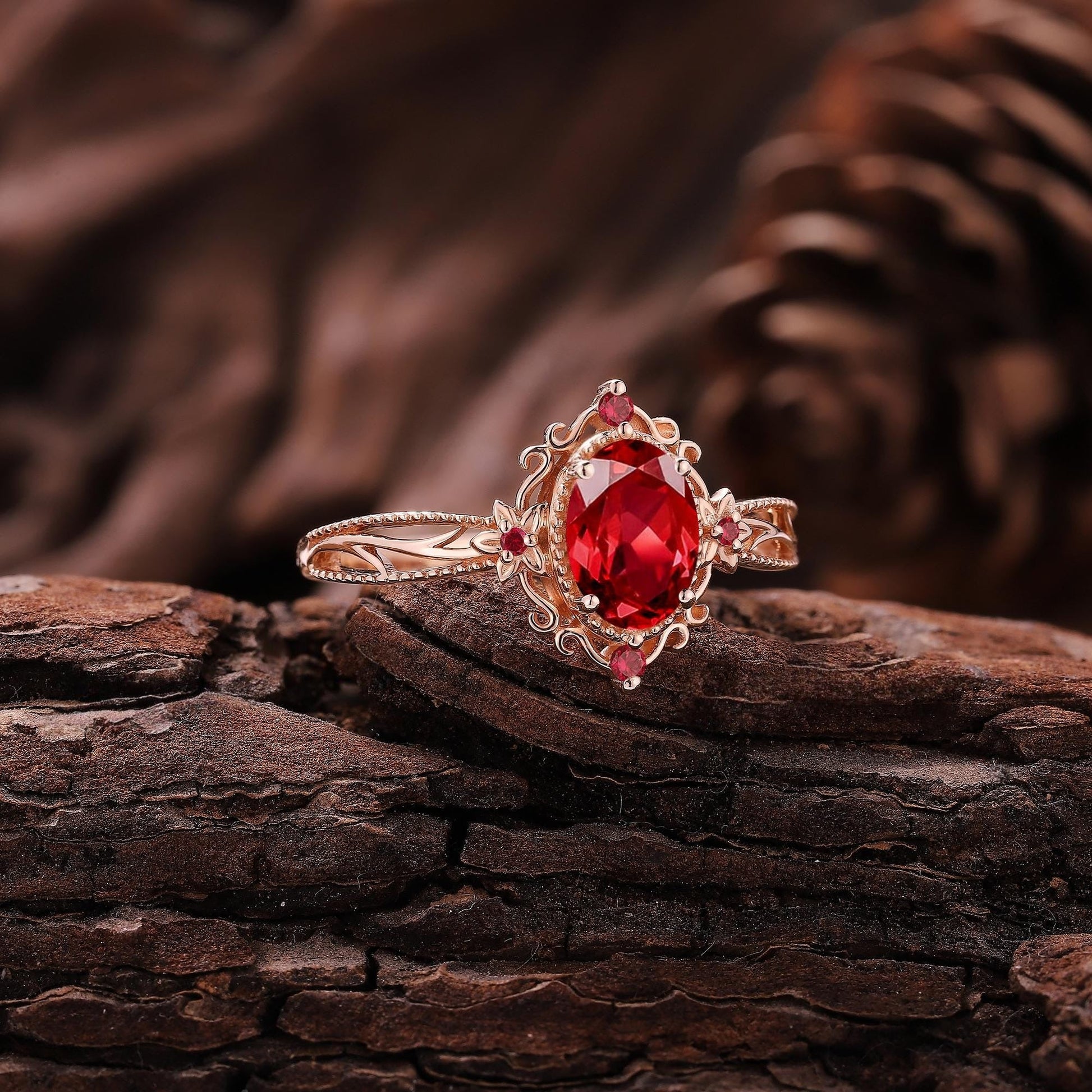 Vintage Oval Shaped Ruby Engagement Ring Gold Ring Unique Floral Wedding Ring Art Deco Diamond Wedding Rings For Women Anniversary Gift - anerjuly