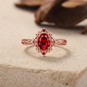 Vintage Oval Shaped Ruby Engagement Ring Gold Ring Unique Floral Wedding Ring Art Deco Diamond Wedding Rings For Women Anniversary Gift - anerjuly