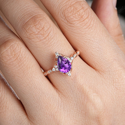 Vintage Pear Amethyst Art Deco Couple Ring Set His and Her Wedding Band Engagement Ring matching rings - anerjuly