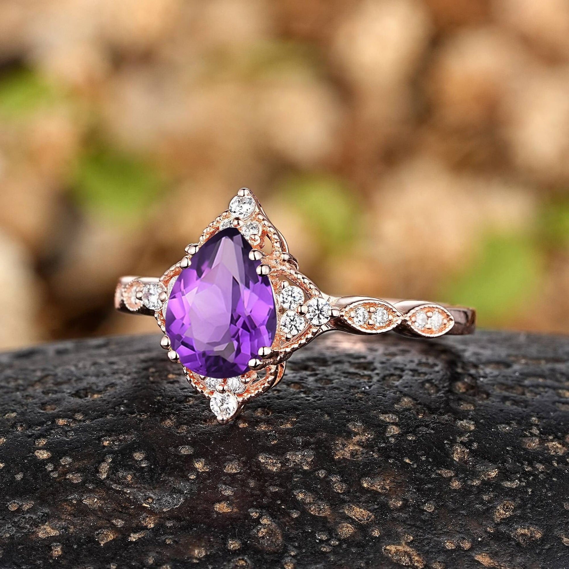 Vintage Pear Amethyst Art Deco Couple Ring Set His and Her Wedding Band Engagement Ring matching rings - anerjuly