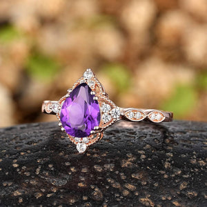 Vintage Pear Amethyst Art Deco Couple Ring Set His and Her Wedding Band Engagement Ring matching rings - anerjuly