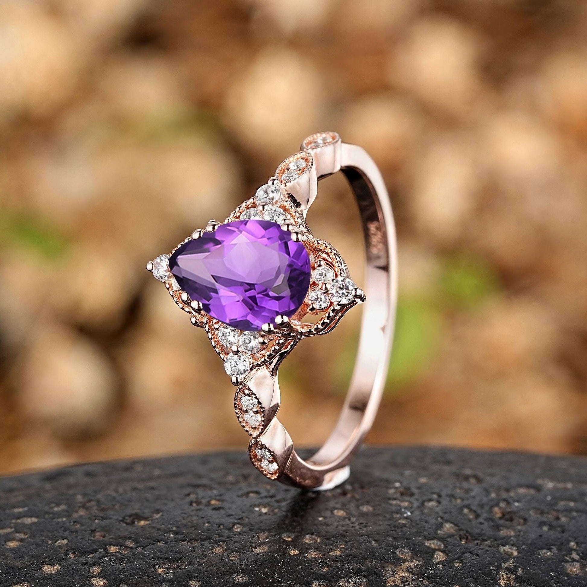 Vintage Pear Amethyst Art Deco Couple Ring Set His and Her Wedding Band Engagement Ring matching rings - anerjuly