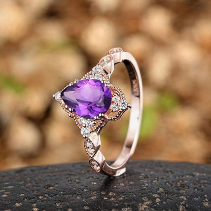 Vintage Pear Amethyst Art Deco Couple Ring Set His and Her Wedding Band Engagement Ring matching rings - anerjuly