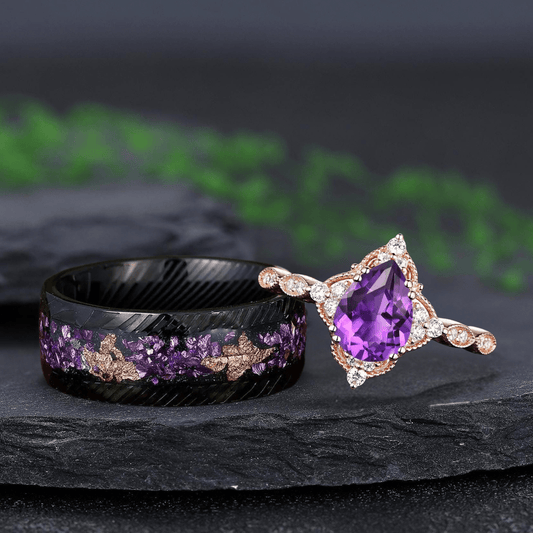 Vintage Pear Amethyst Art Deco Couple Ring Set His and Her Wedding Band Engagement Ring matching rings - anerjuly