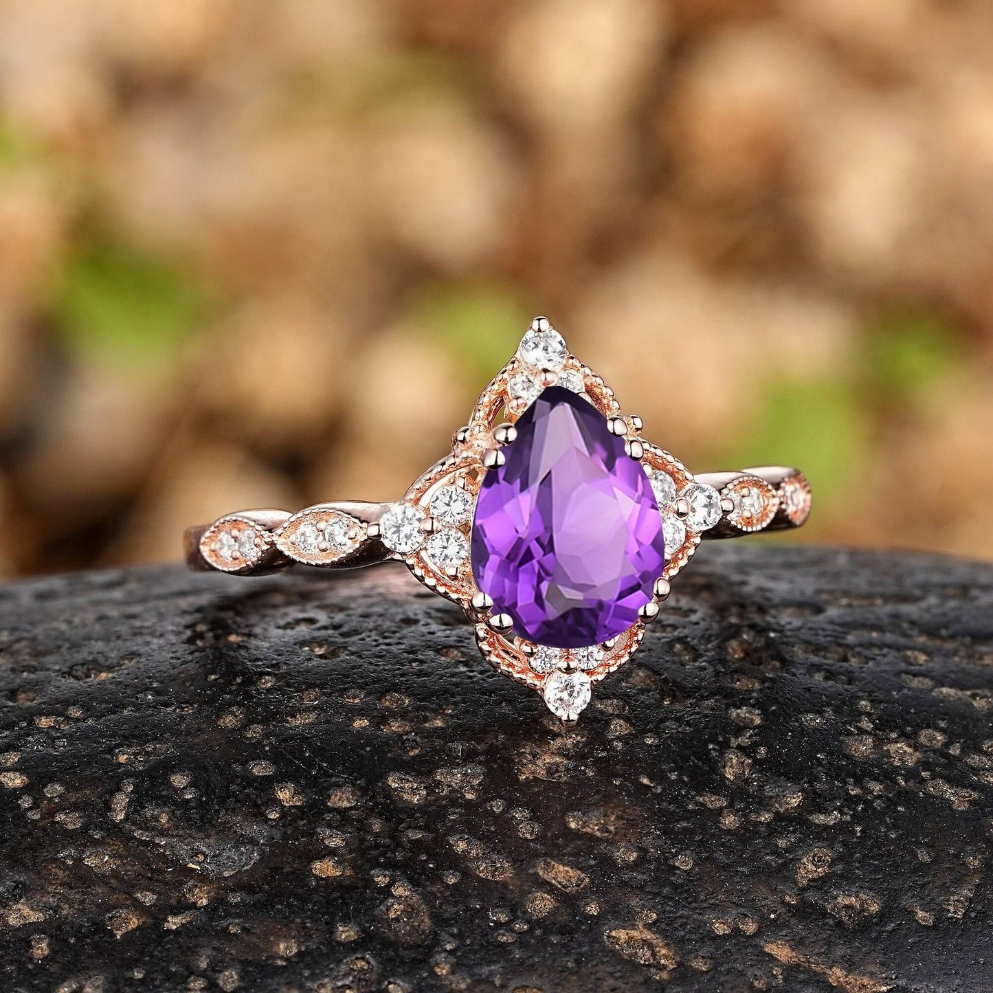 Vintage Pear Amethyst Art Deco Couple Ring Set His and Her Wedding Band Engagement Ring matching rings - anerjuly