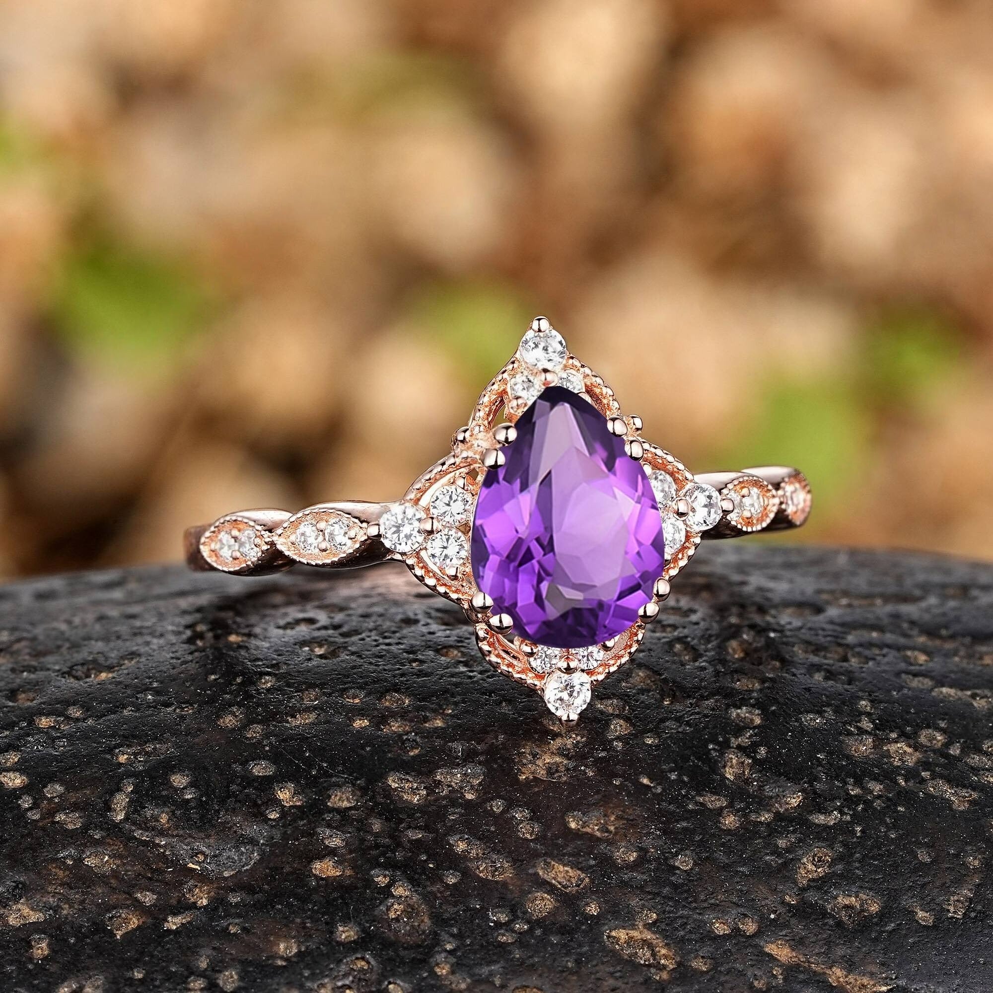 Vintage Pear Amethyst Art Deco Couple Ring Set His and Her Wedding Band Engagement Ring matching rings - anerjuly