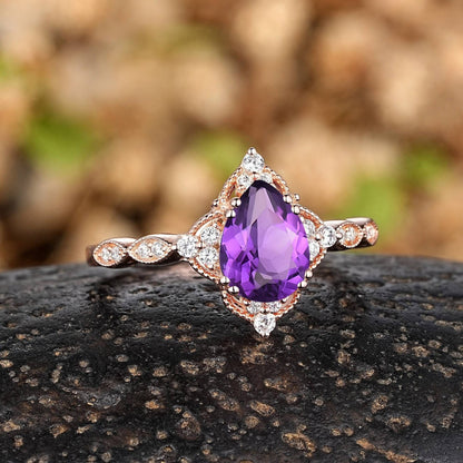 Vintage Pear Amethyst Art Deco Couple Ring Set His and Her Wedding Band Engagement Ring matching rings - anerjuly