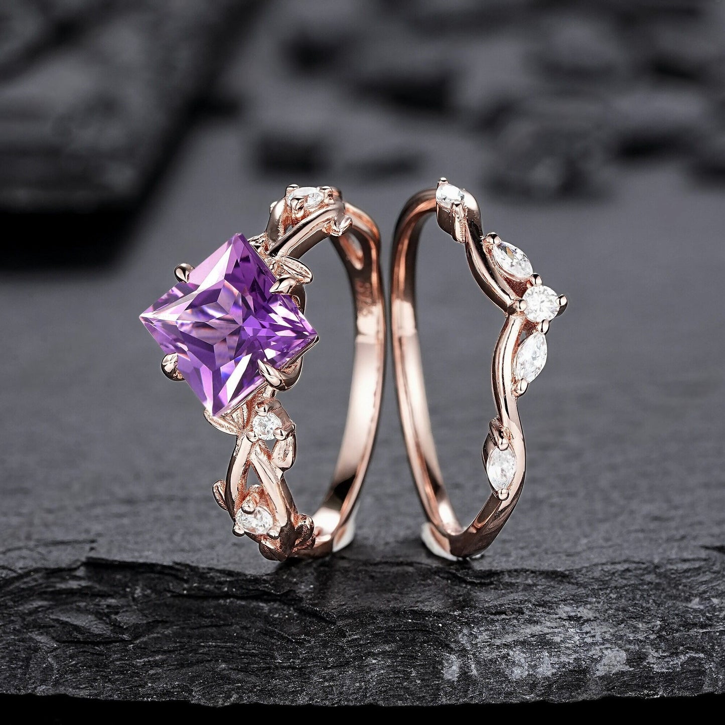 Vintage Pear Amethyst Engagement Ring Set Gold Leaf Floral Nature Inspired Purple Gemstone Promise Ring - anerjuly
