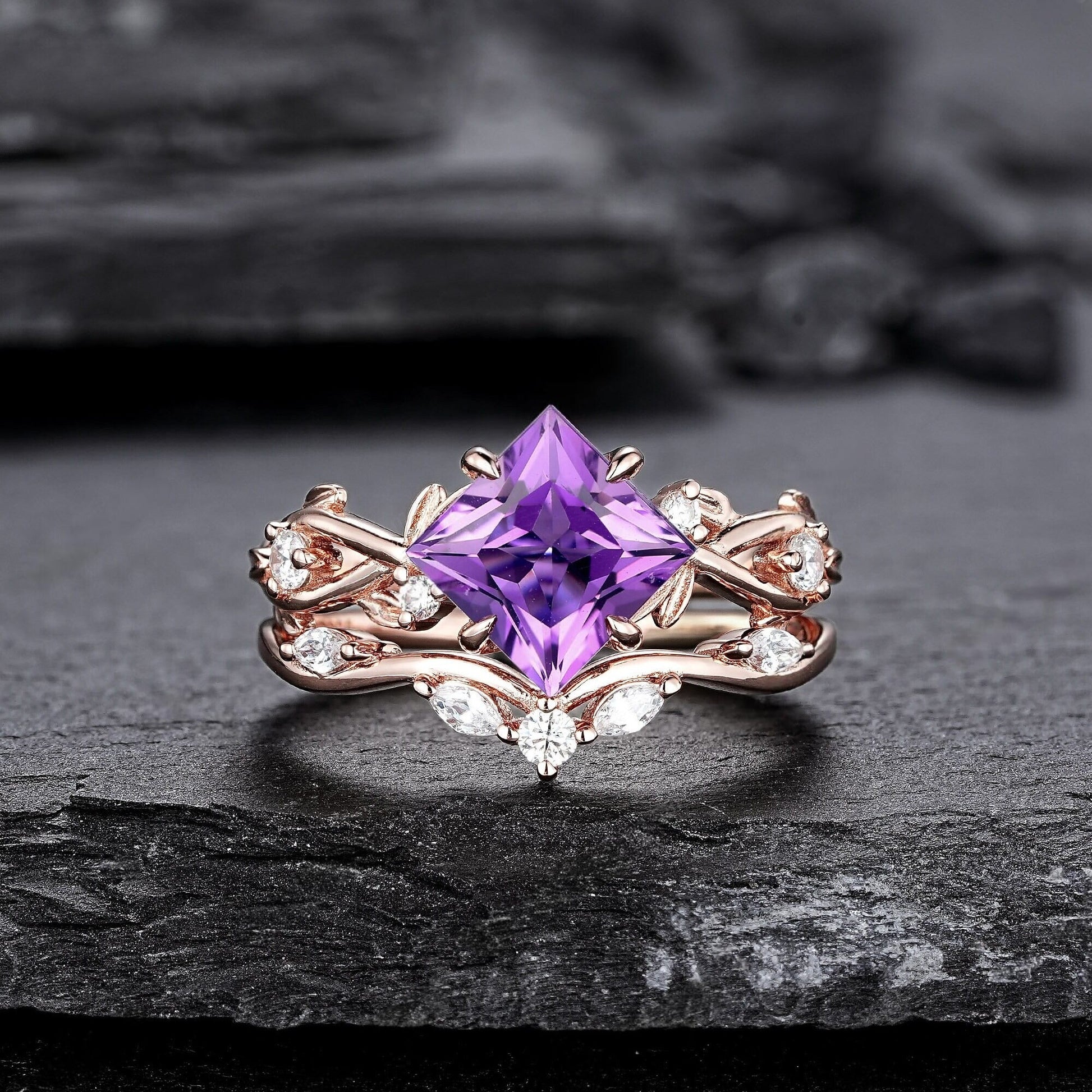 Vintage Pear Amethyst Engagement Ring Set Gold Leaf Floral Nature Inspired Purple Gemstone Promise Ring - anerjuly