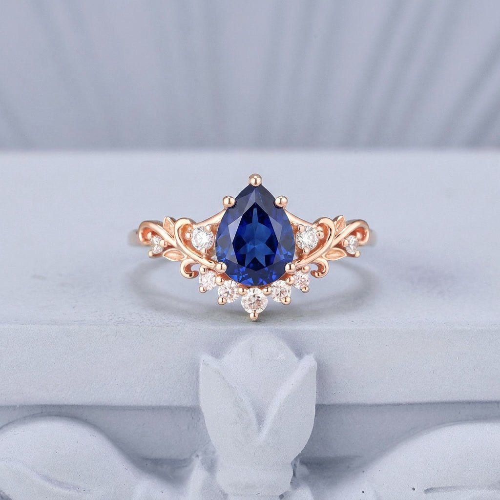 Vintage Pear Blue Sapphire and Black Tungsten Couple Ring Set with Galaxy Opal Inlay - anerjuly
