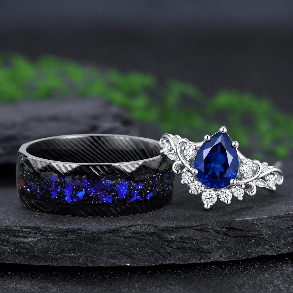 Vintage Pear Blue Sapphire and Black Tungsten Couple Ring Set with Galaxy Opal Inlay - anerjuly