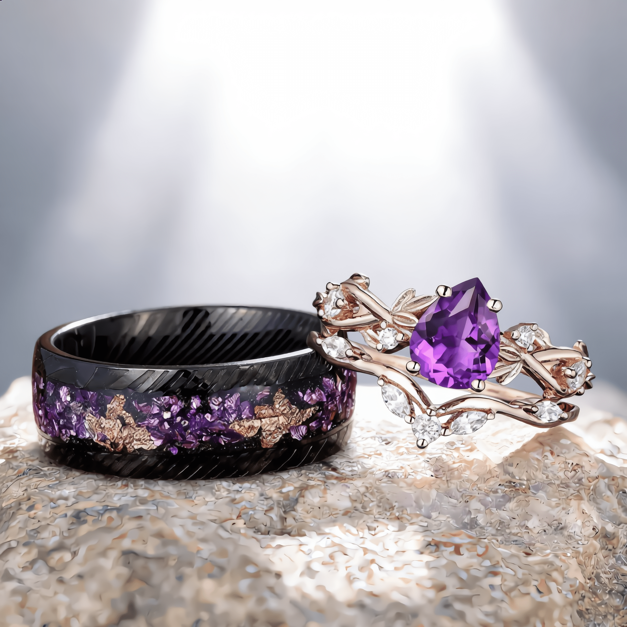 Vintage Pear Cut Amethyst Art Deco Couple Ring Set His and Her Matching Rings - anerjuly