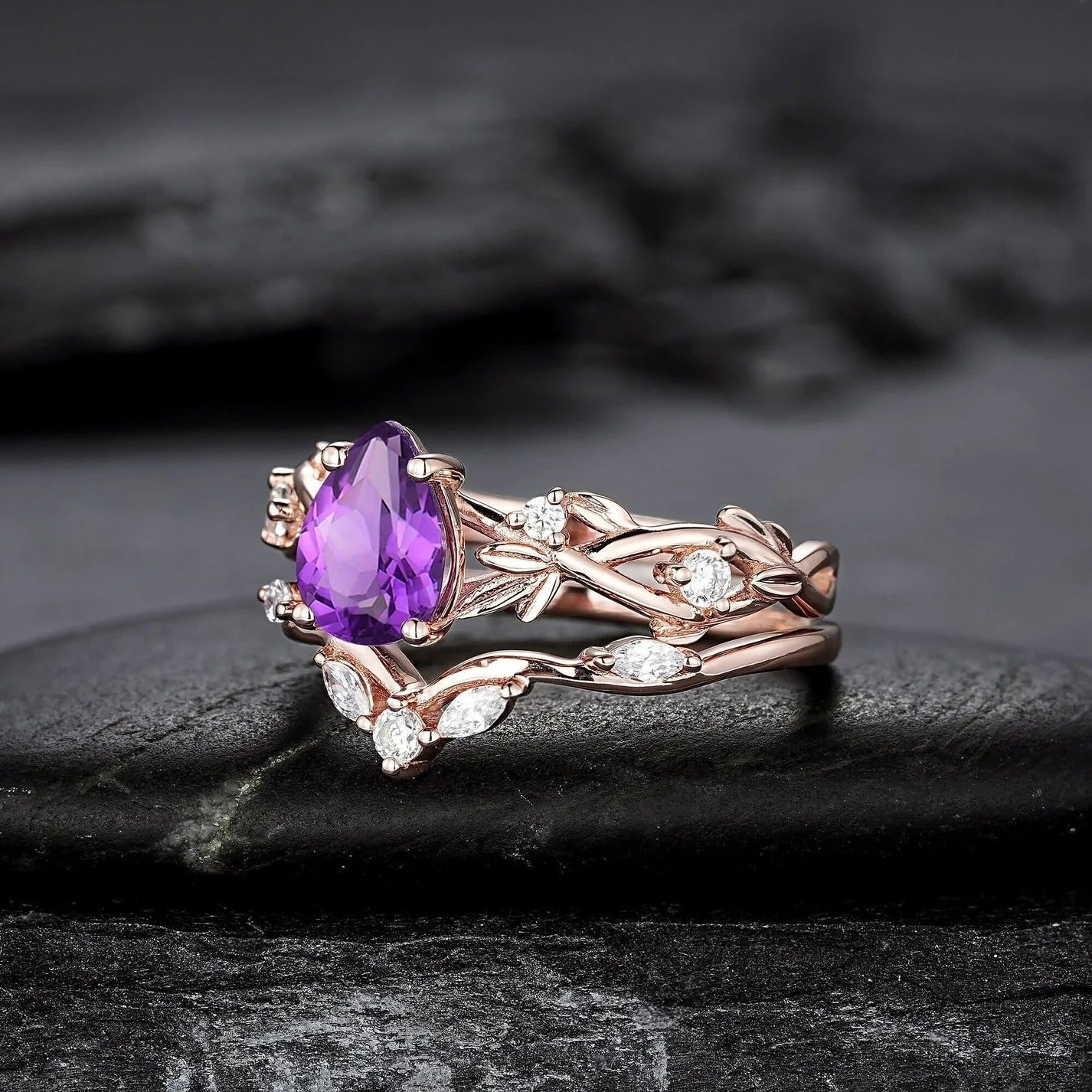 Vintage Pear Cut Amethyst Art Deco Couple Ring Set His and Her Matching Rings - anerjuly