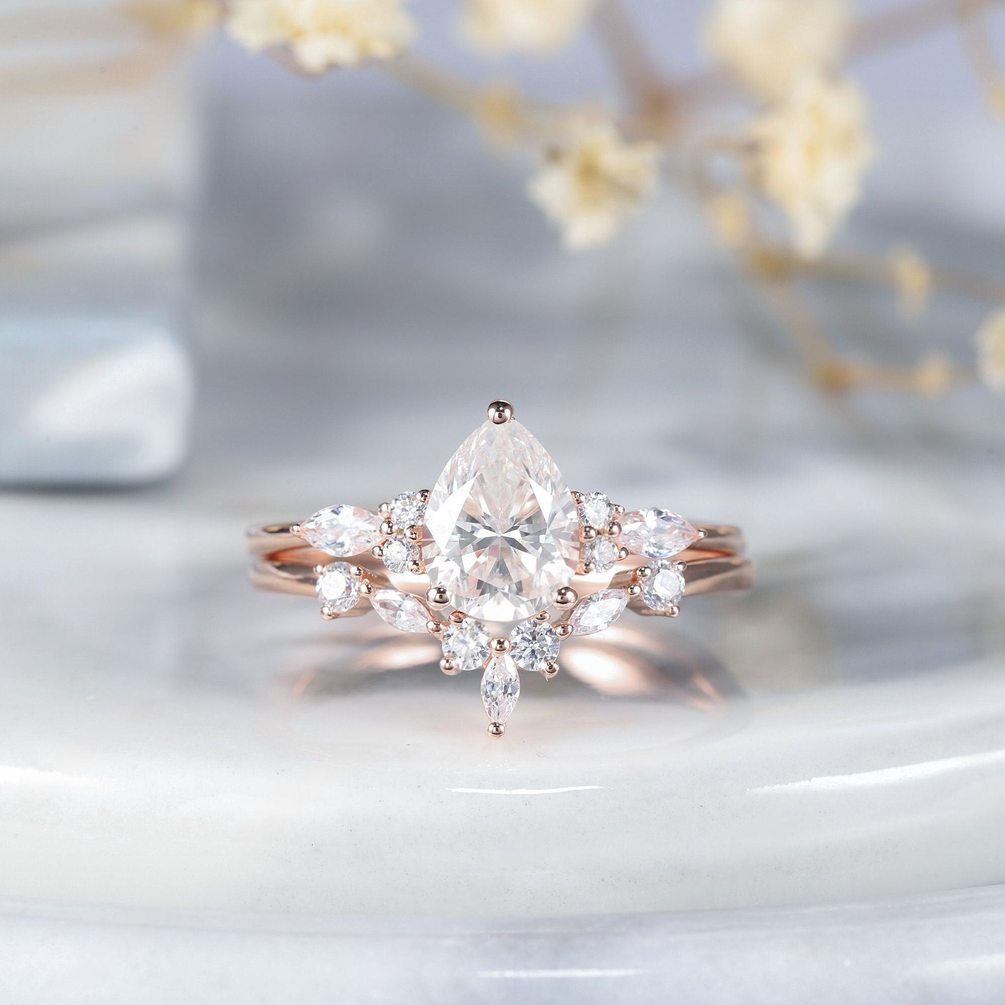 Vintage Pear Cut Moissanite Engagement Ring Set Women Anniversary Promise Ring - anerjuly