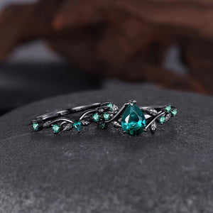 Vintage Pear Emerald Engagement Ring Set Twig Leaf Black Gold Cluster Ring Women Bridal Promise Ring - anerjuly