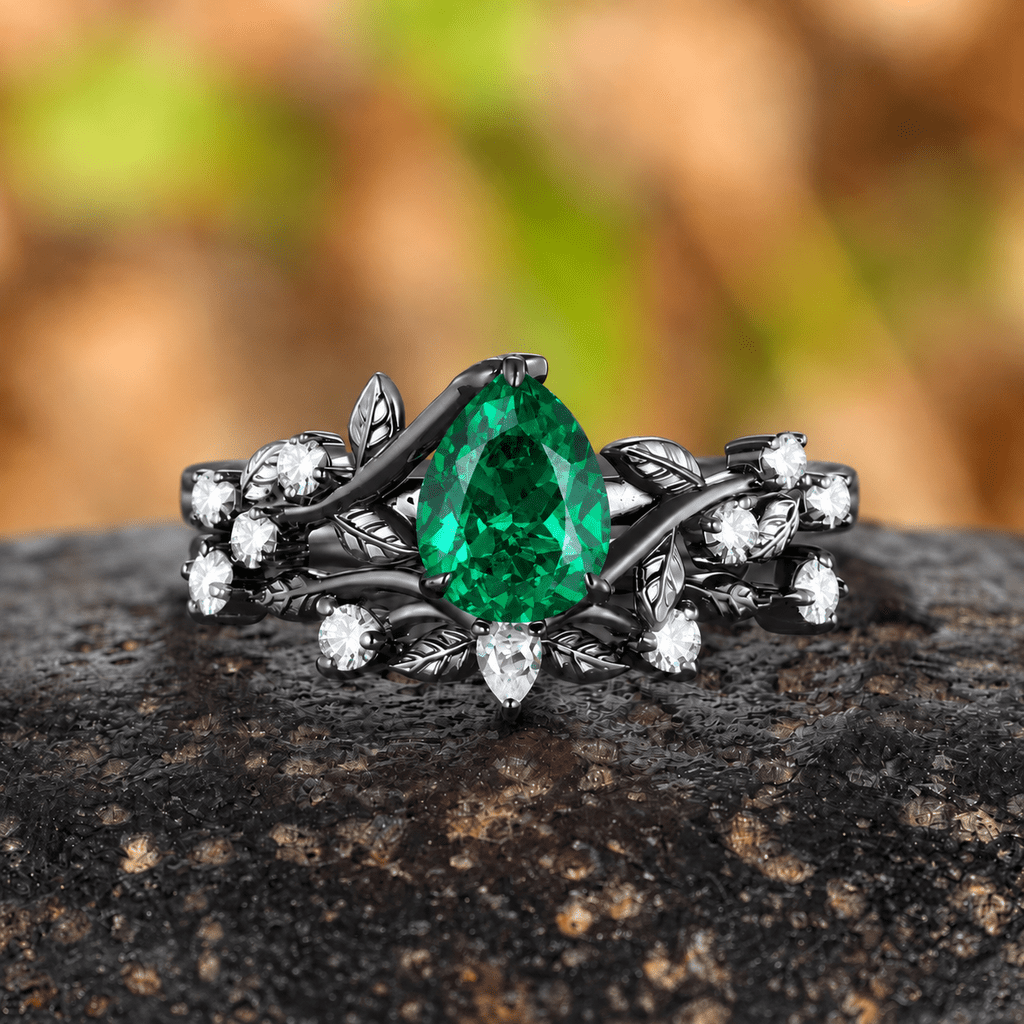 Vintage Pear Emerald Engagement Ring Set Twig Leaf Black Gold Cluster Ring Women Bridal Promise Ring - anerjuly