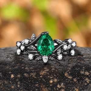 Vintage Pear Emerald Engagement Ring Set Twig Leaf Black Gold Cluster Ring Women Bridal Promise Ring - anerjuly