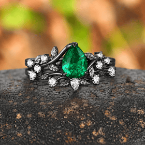 Vintage Pear Emerald Engagement Ring Set Twig Leaf Black Gold Cluster Ring Women Bridal Promise Ring - anerjuly