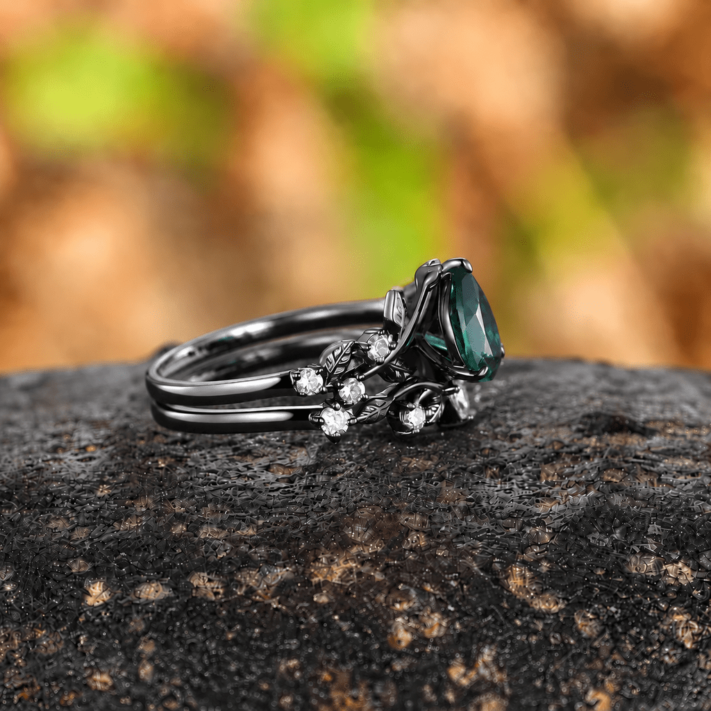 Vintage Pear Emerald Engagement Ring Set Twig Leaf Black Gold Cluster Ring Women Bridal Promise Ring - anerjuly