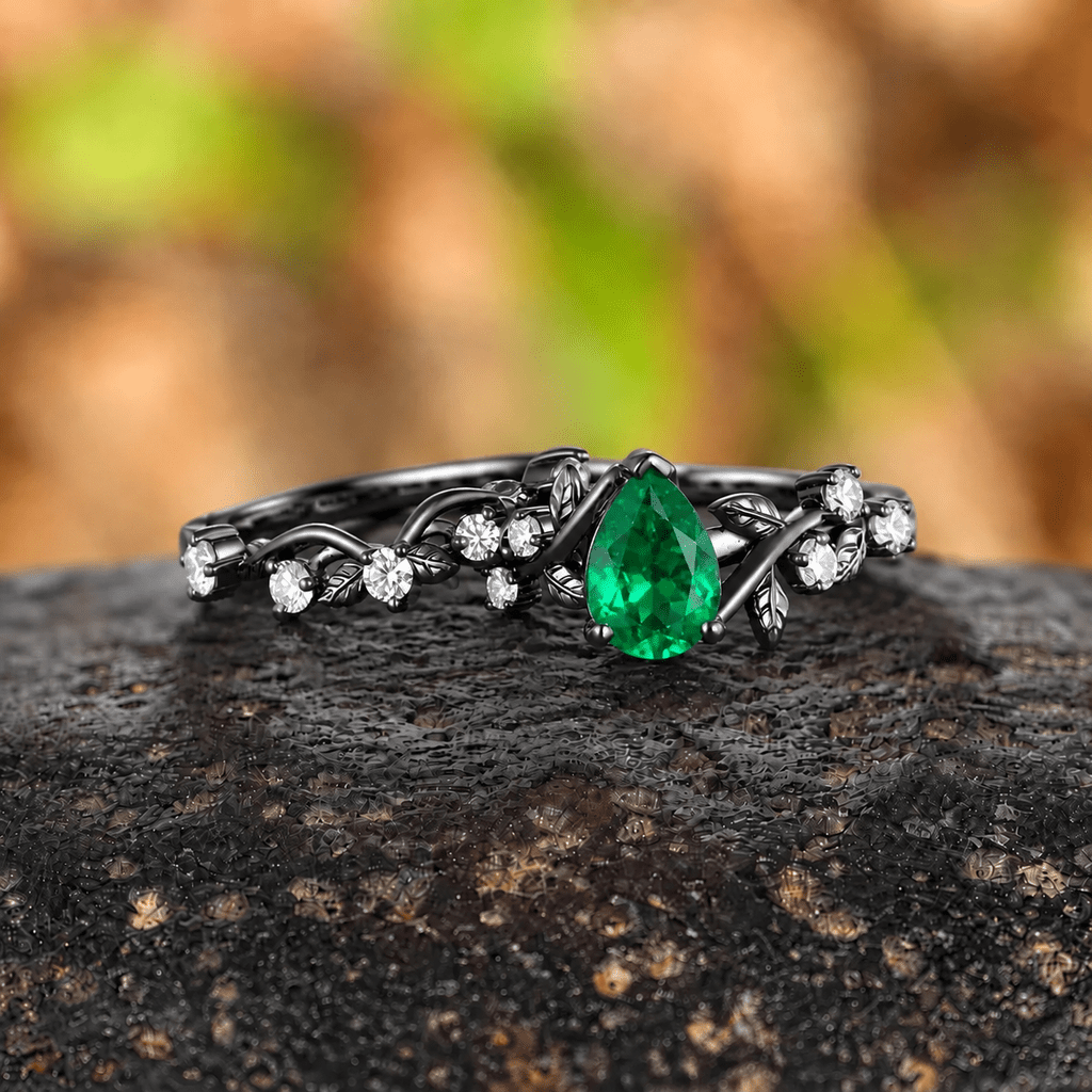 Vintage Pear Emerald Engagement Ring Set Twig Leaf Black Gold Cluster Ring Women Bridal Promise Ring - anerjuly