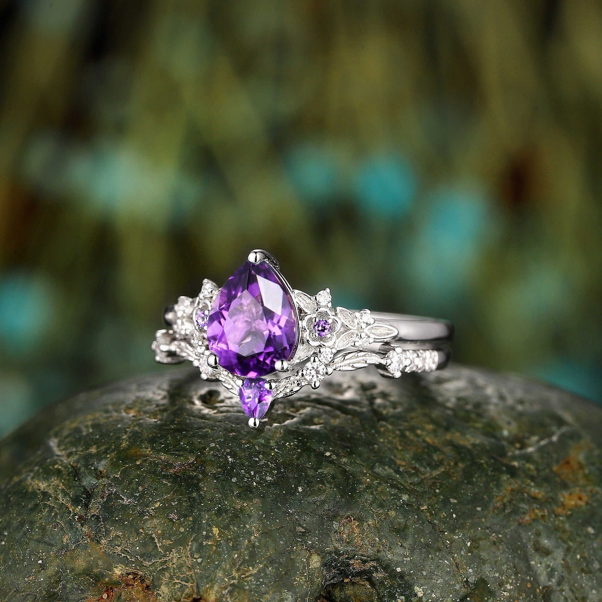 Vintage Pear Shape Amethyst Engagement Ring Set Floral Promise Ring - anerjuly