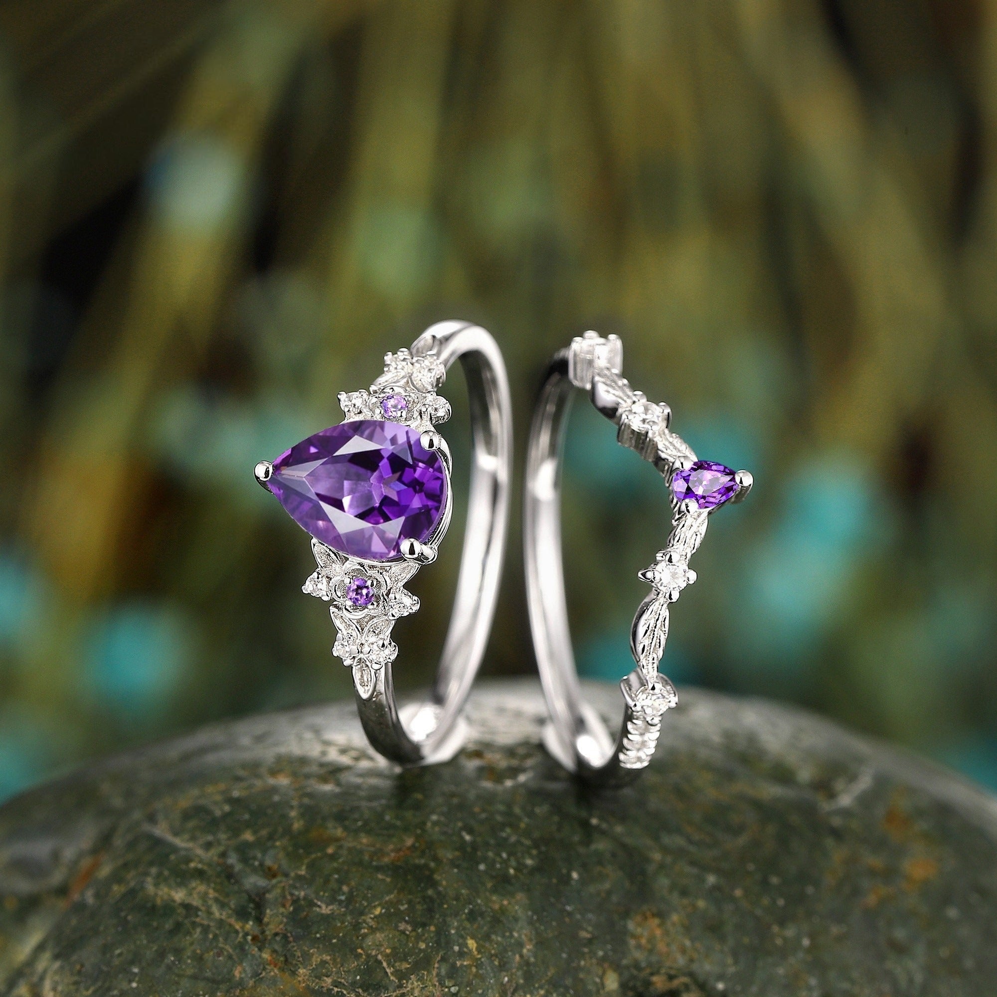 Vintage Pear Shape Amethyst Engagement Ring Set Floral Promise Ring - anerjuly