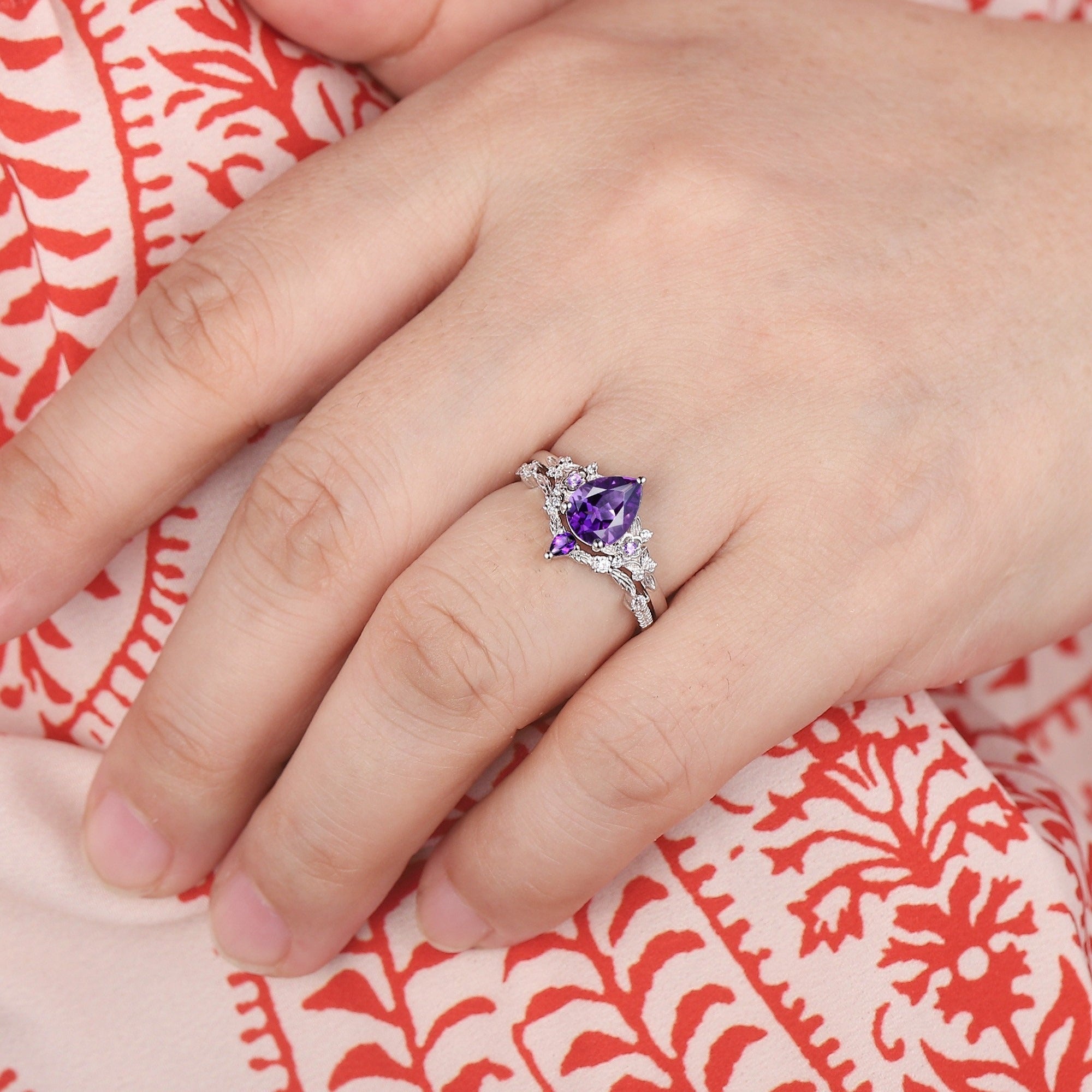 Vintage Pear Shape Amethyst Engagement Ring Set Floral Promise Ring - anerjuly